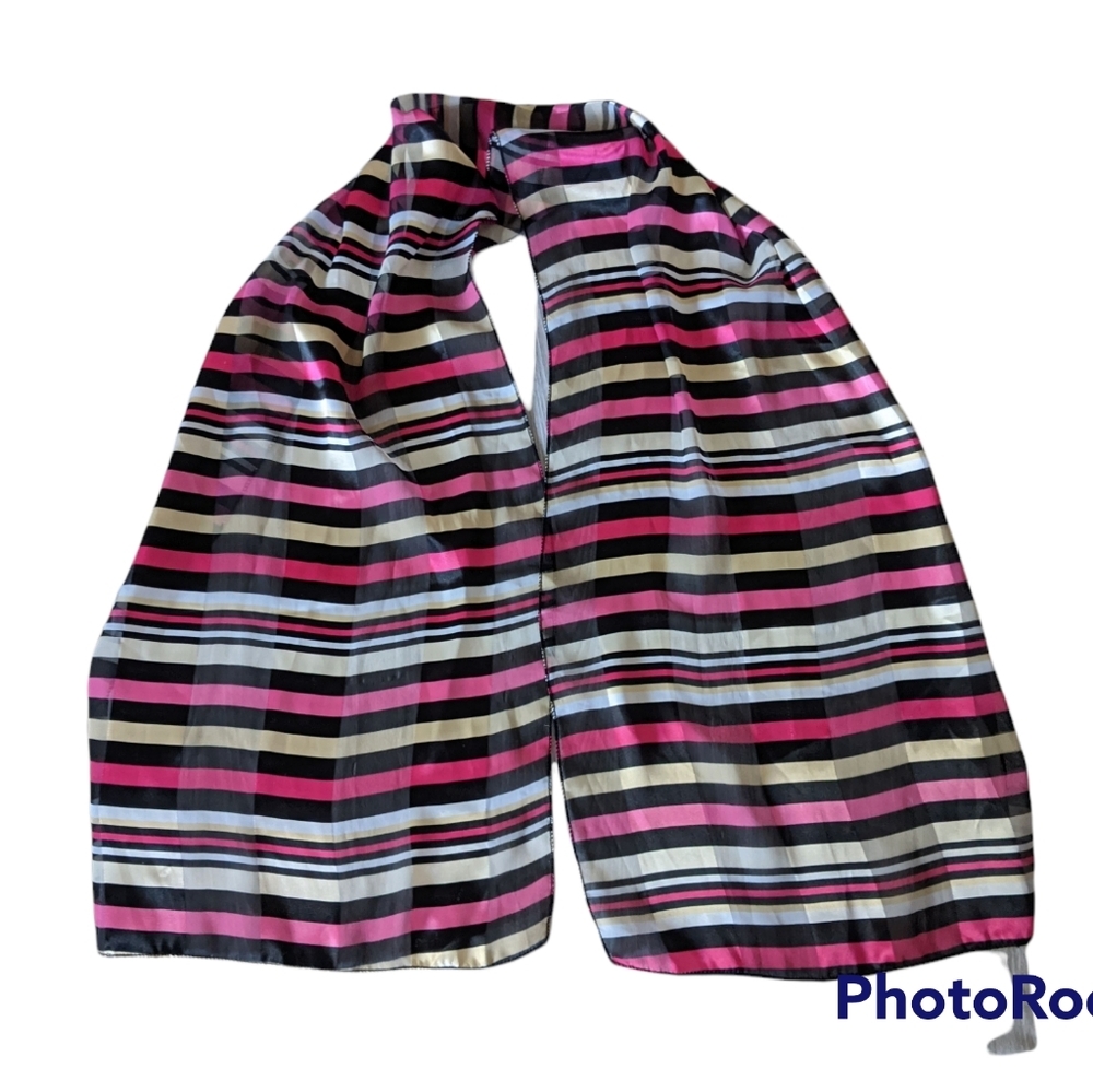 Pink, Black, Tan and White Striped Scarf